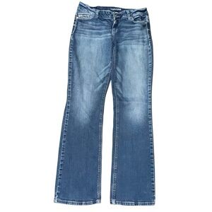 Maurice’s Women’s 9/10 Regular Blue Bootcut Low Rise Faded Denim Embroidery